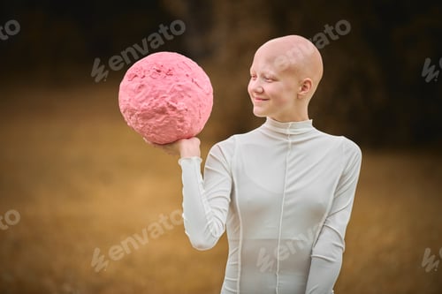 Preview: Young hairless girl with alopecia in white cloth holds pink ball in hand on fall lawn park
