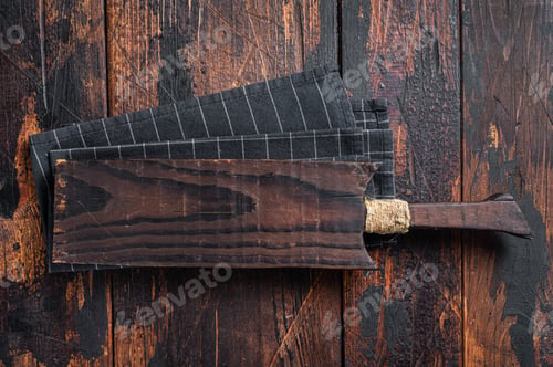 Preview: Directly Above view Of Cutting Board On dark Wooden Table. Wooden background. Top view. Copy space