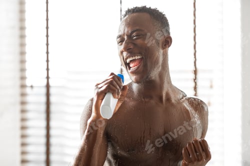 Preview: Naked African Guy Taking Shower And Singing Relaxing In Bathroom