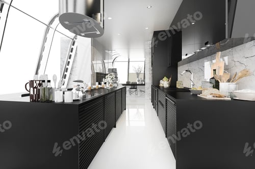 Preview: 3d rendering modern black kitchen with modern wood built in
