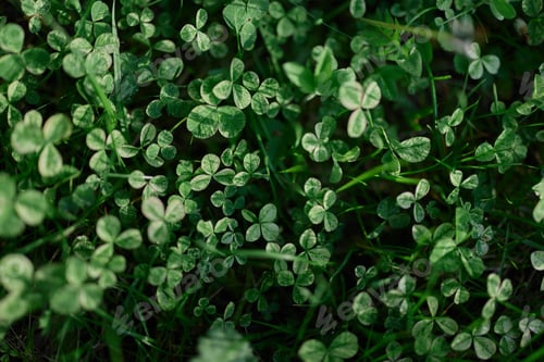 Preview: Fresh green leaves of clover grass and micro clover for lawn in the rays of summer sunlight