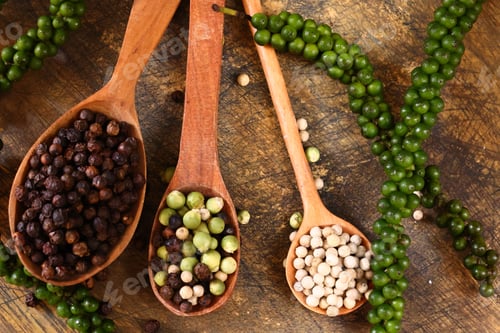 Preview: white, black and green peppercorns spices