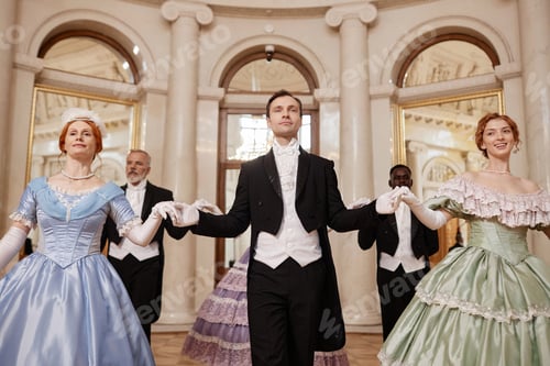 Preview: Smiling Gentleman Dancing with Ladies in Ballroom