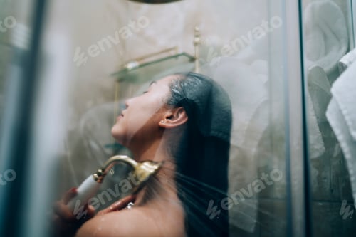 Visualização: Jovem encantadora mulher relaxando no chuveiro do hotel, cuida da pele e do corpo