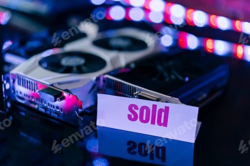 Preview: The video cards are on the table in a row one after the other. A component part of a computer for