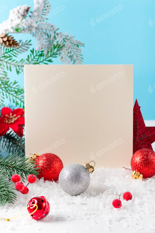 Preview: Greeting card for Christmas with red ball andfeer tree on a snow