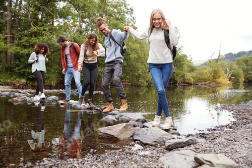 Preview: Multi ethnic group of five young adult friends hold hands walking on rocks on a hike