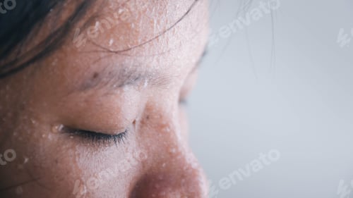 Preview: Close up of sweating water drop on face asian woman.