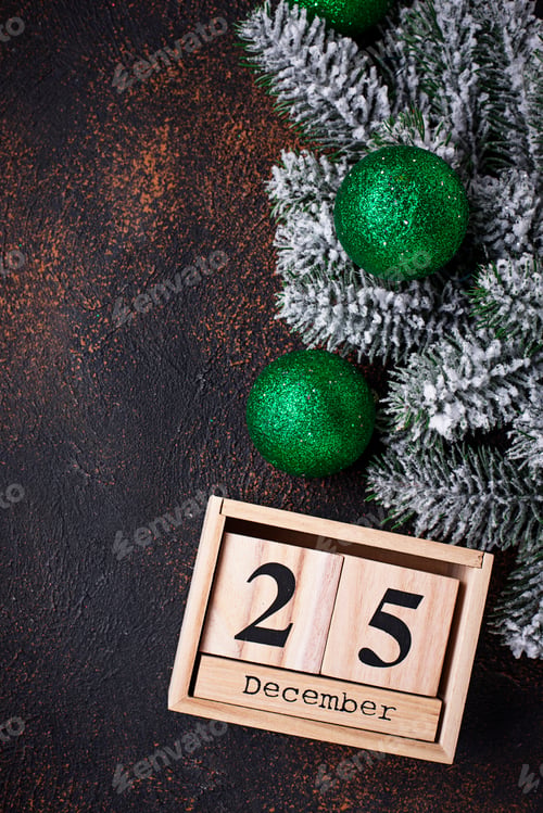 Preview: Christmas background with branch of tree and balls