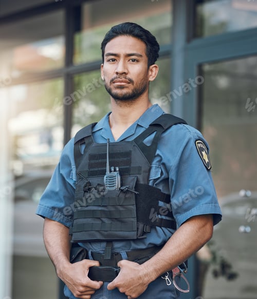 Preview: Security, police and portrait of man in city for justice, inspection and supervision on patrol. Sur