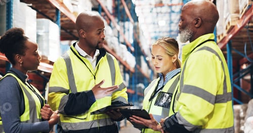 Preview: Warehouse, planning and people with tablet in meeting for inventory checklist, inspection and updat