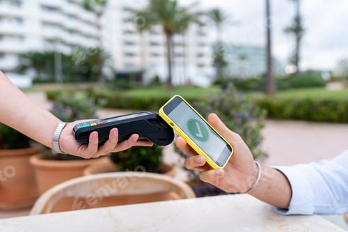 Preview: Hands making contactless mobile payment using smartphone and terminal