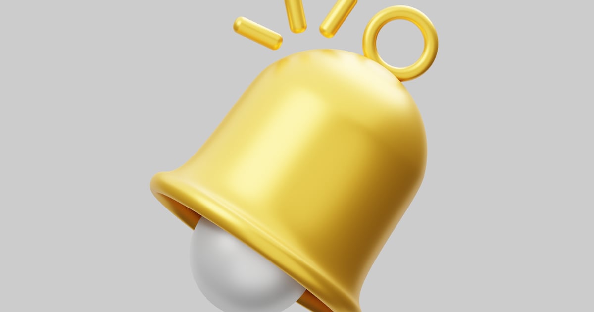 Notification bell gold alert symbol 3D, Incl. alert & bell - Envato