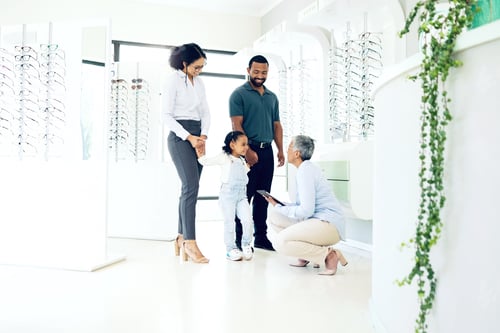 Preview: Optometrist, parents or child for eye care, optometry or vision assessment or test in clinic or sto
