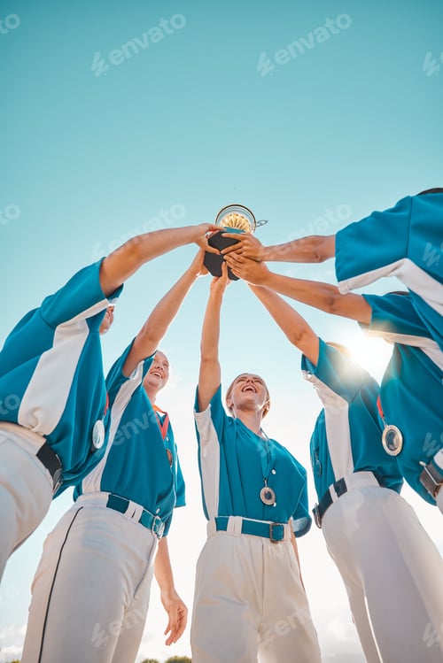 Preview: Women baseball team trophy, winning celebration and success in sports, championship and competition