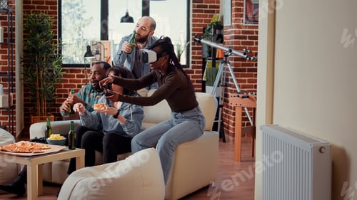Preview: Woman using vr glasses to win video games play