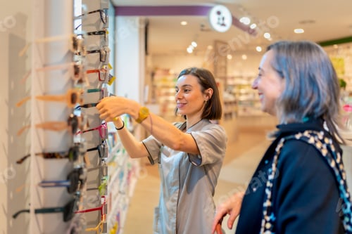 Preview: Woman visiting optical store searching for new spectacles