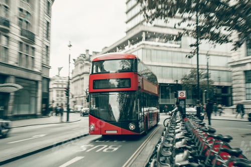 Preview: London red bus in motion.
