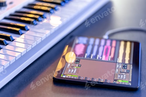 Preview: Musical keys and a tablet with a stylus on the table.
