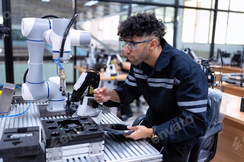 Preview: Engineer sitting in robot fab. room use tablet pc quality check robot arm hardware engineering