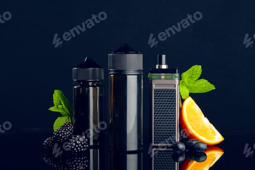 Preview: Vape and smoking liquid with fruit against black background with smoke