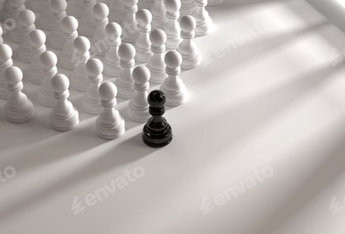 Preview: Black chess pawn among white pawns . Leadership concept. 3d rendering