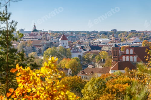 Preview: Overlooking the historic old town of Vilnius, Lithuania, with vibrant autumn trees