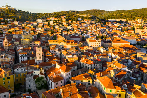 Preview: Beautiful old city of Sibenik, aerial view of the town center at sunset. Croatia.