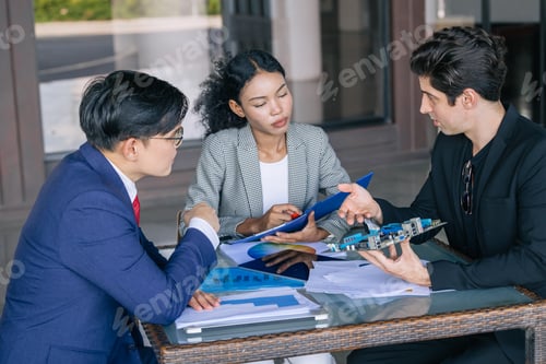 Preview: Computer hardware engineer team meeting with boss. PCB designer discussion with marketing team