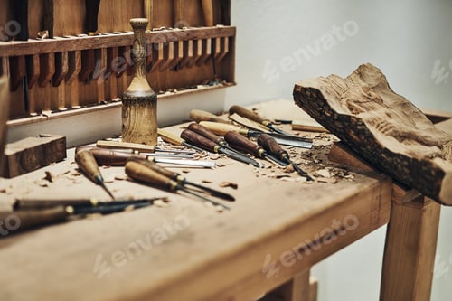 Preview: Its been a busy day. Cropped shot of the inside of a craftsmans workshop.
