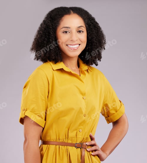 Preview: Happy black woman, confident and portrait smile standing with hands on waist against a gray studio