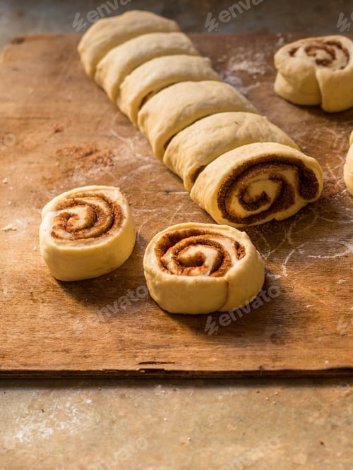 Vista previa: Cinnamon Buns - Cinnabon Cooking Process Raw Dough. (Food Background). Copy Space