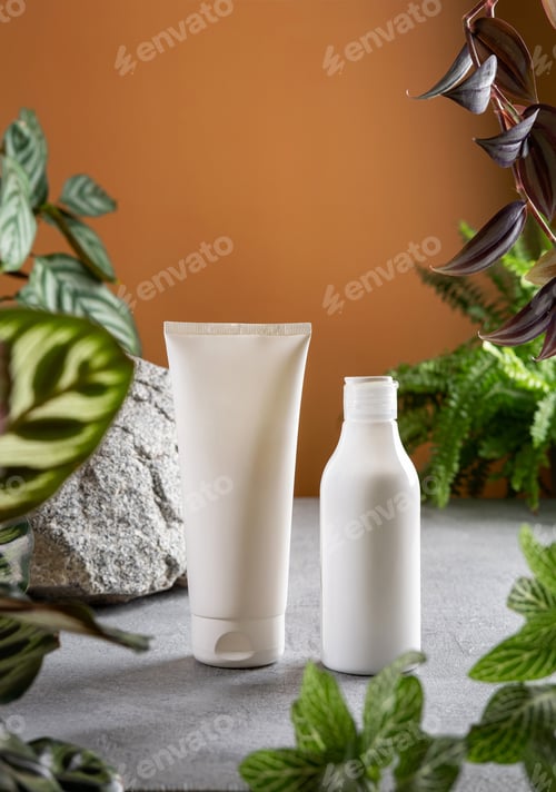 Preview: Сosmetic product branding with tropical leaves on tan color background.