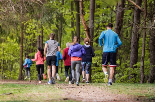 Preview: Rear view of large group of multi generation people running in nature