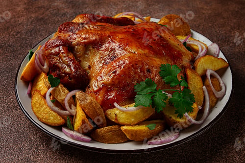 Preview: fried, baked chicken, in the oven, with spices, and rustic potatoes, top view, homemade,