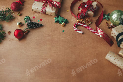 Preview: Christmas frame composition. Stylish christmas gift, red ribbon, festive decorations on rustic wood