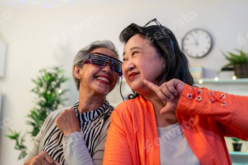 Preview: Two Asian senior friends having evening party in living room at home.