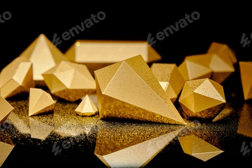 Preview: close-up view of glittering pieces of gold and golden dust reflected on black