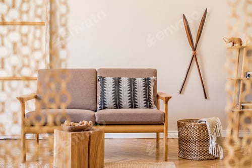 Preview: Stylish interior design of living room at cozy apartment with brown sofa.