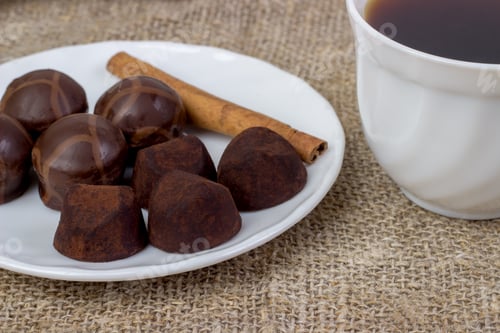 Preview: cup of coffee, saucer, truffle chocolates, cinnamon sticks,.