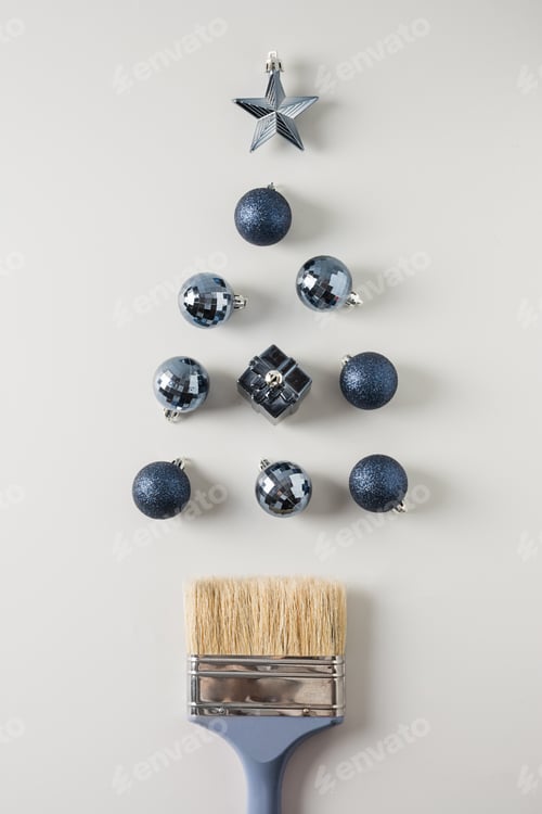 Preview: Alternative Christmas tree of blue balls and brush. Xmas. Holiday greeting card.