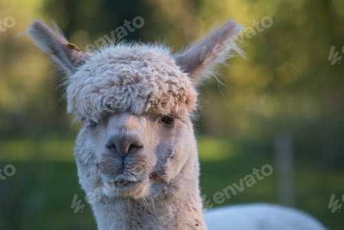 Preview: Closeup of an adorable alpaca in an evergreen park in Belgium