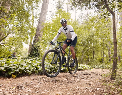 Preview: Nature cycling, sports bike and man travel, ride or journey on triathlon race, outdoor challenge or