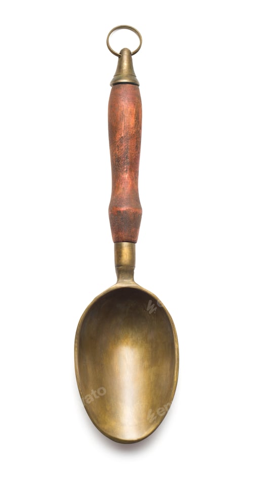 Antique Brass Spoon with Wooden Handle on White