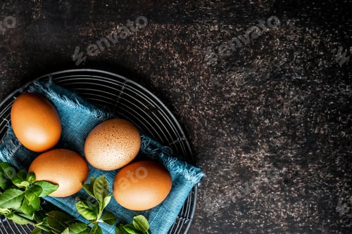 Preview: Fresh raw eggs and basil leaves