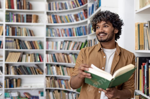 Preview: Young hispanic student reading a book while standing inside an academic university library, man