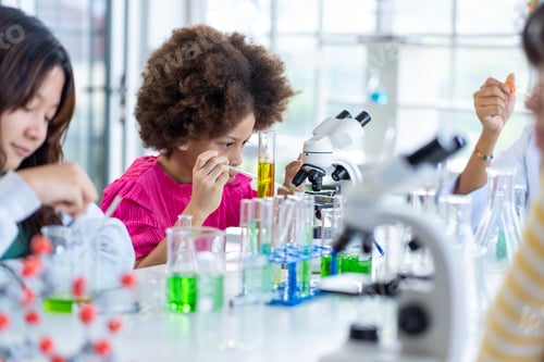 Preview: Group of boys and girls who love science Having fun doing experiments in the school lab.