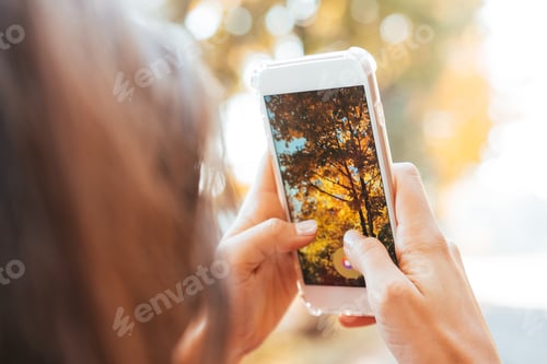 Preview: Woman takes a photo of an autumn tree on a street