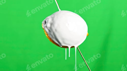 Preview: Modern art concept. Stock clip. Close up of lemon fruit on a wooden skewer being poured by white
