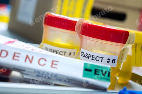 Preview: Various containers with human urine, crime lab, murder suspects labelled on each, conceptual image